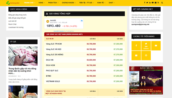 Trang web theo dõi giá vàng phổ biến nhất - Giavang.net