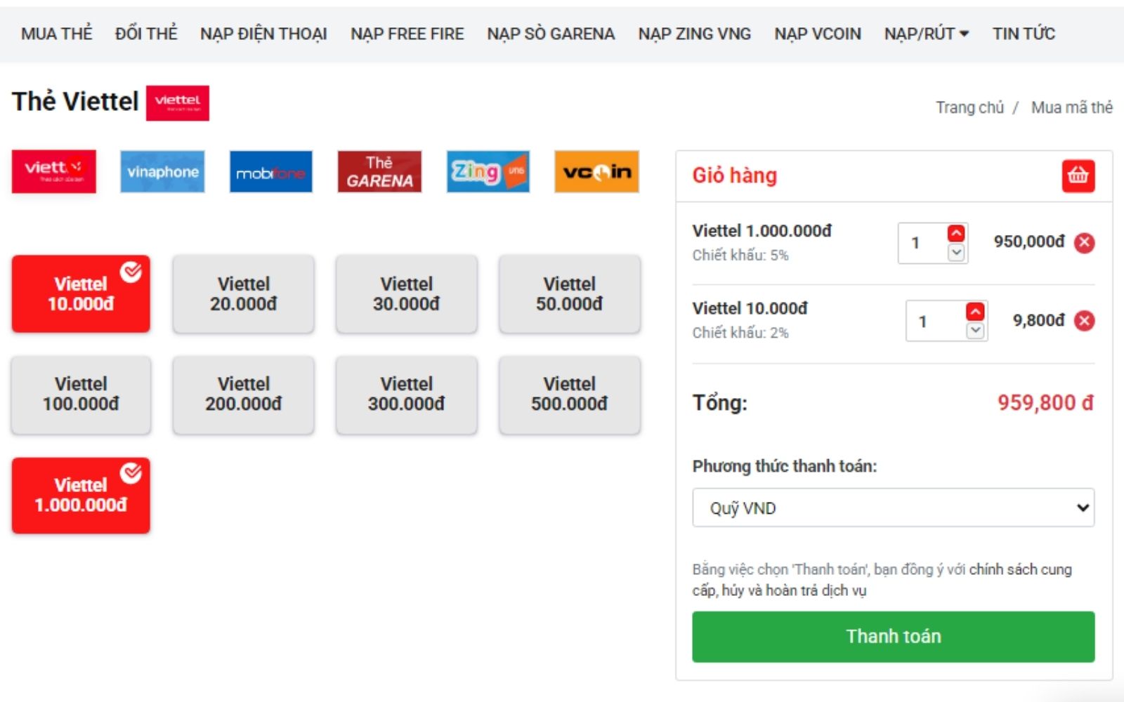 Dịch vụ mua thẻ cào tại doithe.com